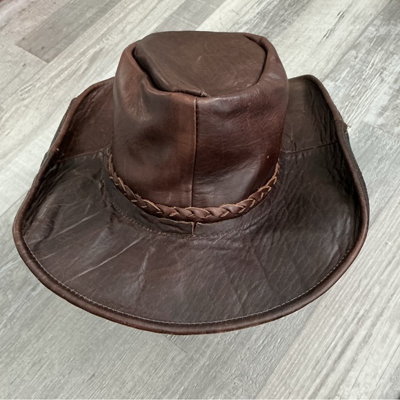 Other - Dark Brown Rodeo Distressed Braided Vintage Leather Cowboy Hat